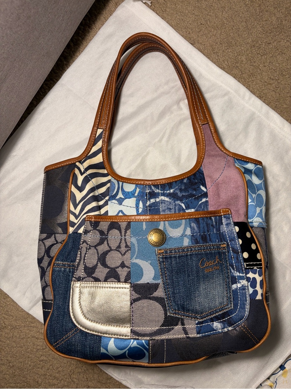 Coach RARE 💙💜🩵 Ergo Patchwork Denim Leather Shoulder tote bag